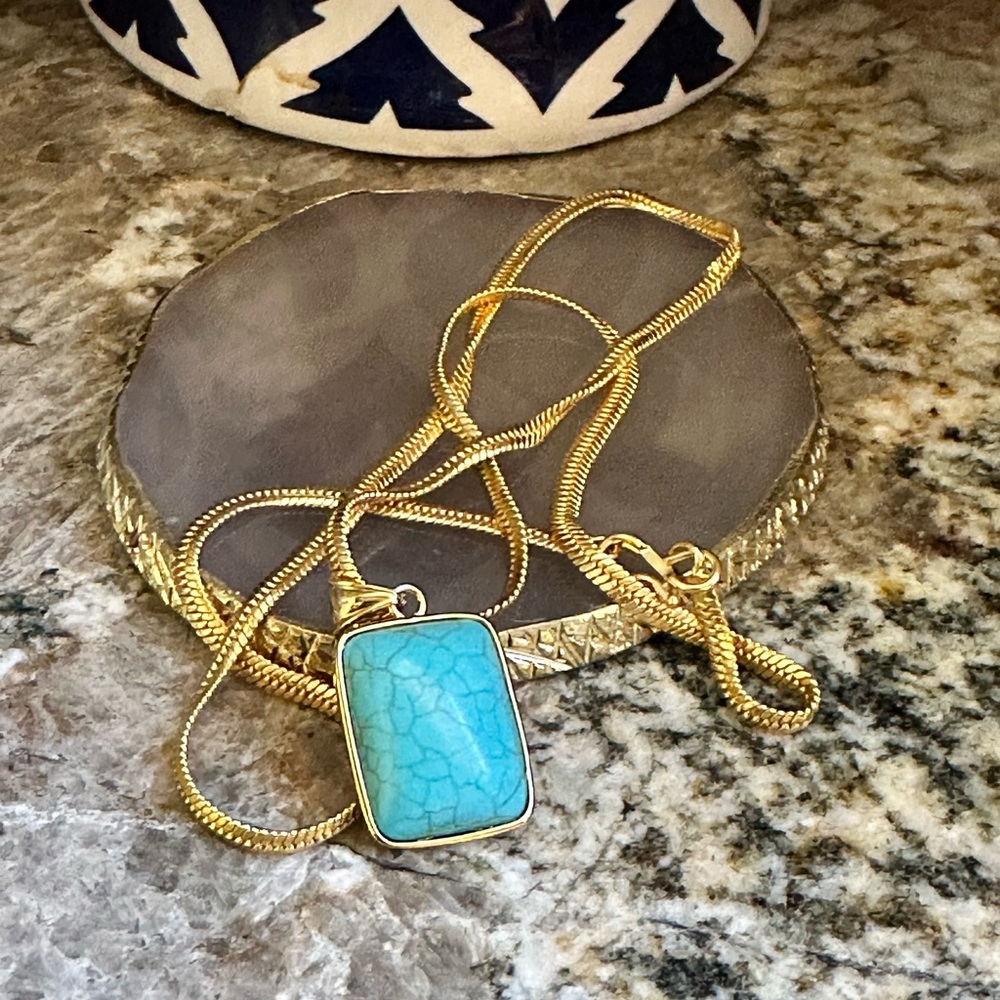 Gold Herringbone Turquoise Pendant Necklace - Picture 8 of 8